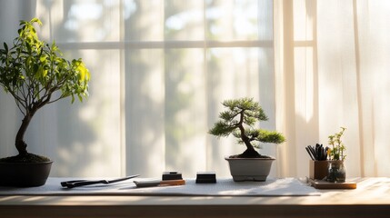 Poster - A serene bonsai trimming station with shears and miniature trees neatly arranged, A calm, bright room with natural light and clean surfaces