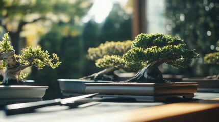 Poster - A serene bonsai trimming station with shears and miniature trees neatly arranged, A calm, bright room with natural light and clean surfaces
