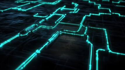 Wall Mural - Abstract blue neon circuits glowing on a dark background, representing technology and digital innovation.