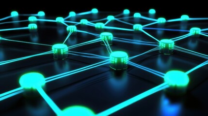 Poster - A vibrant digital network with glowing nodes interconnected by blue and green lines, creating a futuristic atmosphere.