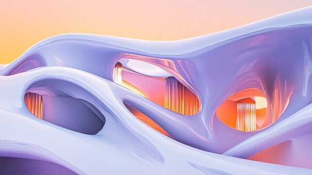 Abstract 3D rendering of a flowing, organic structure with pastel colors and glowing interior spaces.