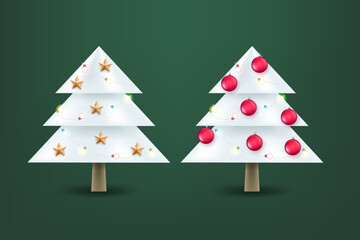 Poster - Abstract white Christmas trees with garland and baubles. Vector illustration