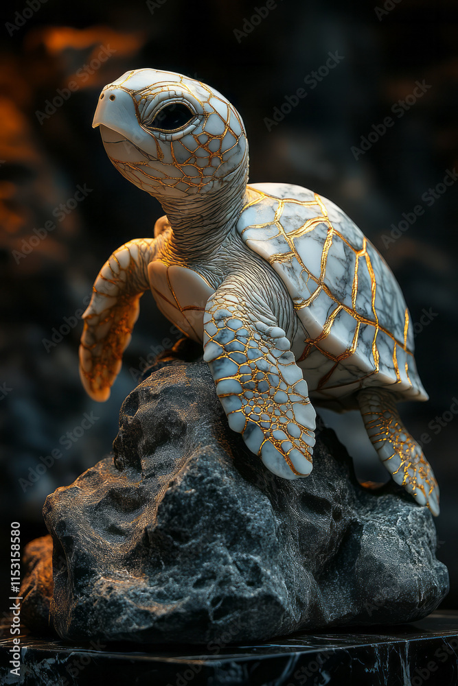 A sea turtle hatchling sculpted from marble, with golden veins tracing ...