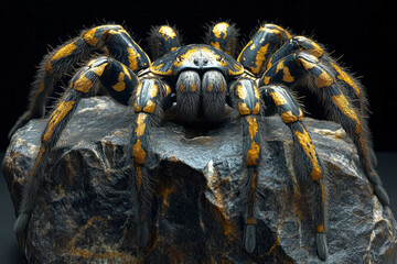 A tarantula family sculpted from marble, with golden veins tracing the intricate details of their legs,