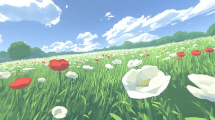 Wall Mural - A Sunny Field of White and Red Flowers