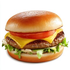 Wall Mural - Juicy hamburger stacked with fresh lettuce, tomato, and melted cheese, served in a toasted sesame seed bun.