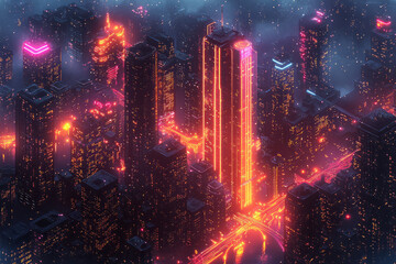 Poster - Isometric seamless pattern of futuristic cities with glowing neon skyscrapers, flying vehicles, and suspended bridges,