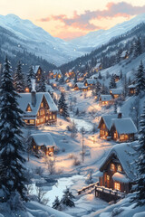 Poster - Isometric seamless illustration of cozy winter villages with snow-covered roofs, pine trees, and frozen ponds,