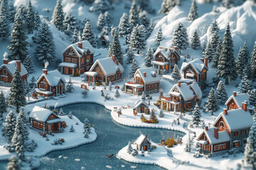 Poster - Isometric winter village with snowy rooftops, frozen ponds, and pine trees,