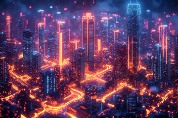 Fototapete - Isometric futuristic cityscape with glowing skyscrapers and flying cars,