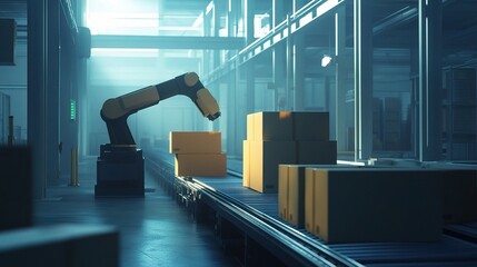 Poster - Industrial Robot Arm Efficiently Grabbing Cardboard Boxes in Warehouse