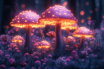 Poster - Isometric fairy forest with magical mushrooms and glowing flowers,
