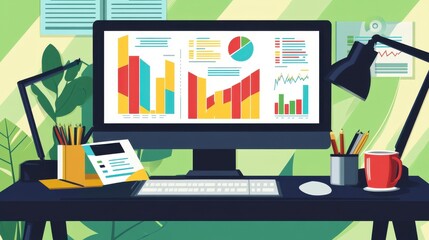 Poster - a vibrant workspace featuring a computer displaying colorful graphs and charts, perfect for data ana
