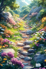 Poster - Isometric enchanted meadow with fairies and magical plants,