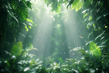 Fototapete - Isometric rainforest canopy with birds and vines,