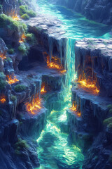Leinwandbilder - Isometric underwater caves with bioluminescent creatures,