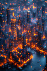 Fototapete - Isometric night city with glowing windows and dark streets,