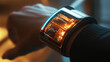 © Qaqas - Hologram fitness bracelet. Holographic projection smart watch. Flickering energy flux of particles. Scientific health design.