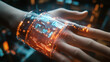 © Qaqas - Hologram fitness bracelet. Holographic projection smart watch. Flickering energy flux of particles. Scientific health design.
