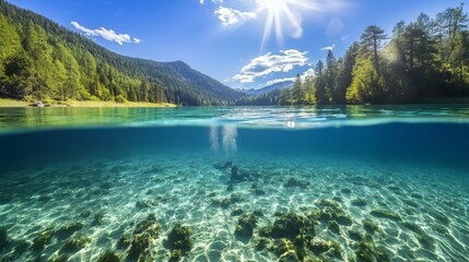 Poster - A serene diving spot in a crystal-clear mountain lake, Diving equipment set for underwater exploration, Mountain lake tranquility style