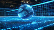 © Qaqas - Hologram volleyball. Holographic projection of a volleyball court. Flickering energy flux of particles. The scientific design of the sport.
