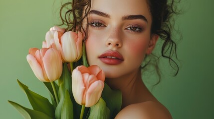 Canvas Print - Stunning Woman with Tulips - Springtime Portrait