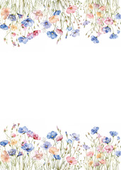 botanical frame of wildflowers on a white watercolor background