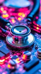 Poster - A visually stunning representation of health information flow with diagnostic insights, focusing on compliance and security, surrounded by glowing elements