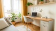 © Jiraphat - A bright and cozy home office featuring a wooden desk, laptop, plants, and natural light from large windows.