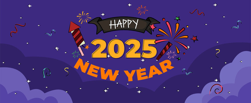 Happy New Year 2025 Banner with Illustration of Firework Exploding and Text