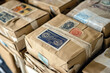 © tynza - Close-up of international mail packages with diverse customs stamps and labels.