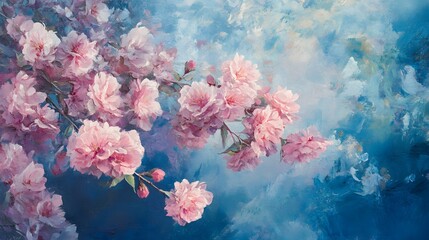 Wall Mural - Pink Blossoms Painted Against A Blue Sky Background