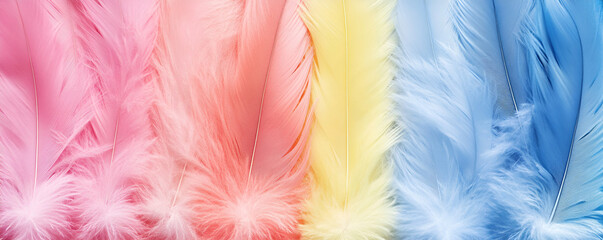 Wall Mural - Pastel Feathers, Soft Pink, Yellow, and Blue Plumage