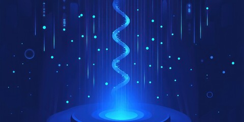 Poster - Glowing DNA helix rising from blue platform.