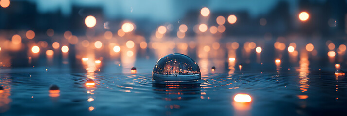 Wall Mural - Cityscape Reflection in Water Droplet at Dusk, Lights Gleam Softly on Ripples, Creating a Magical Scene.