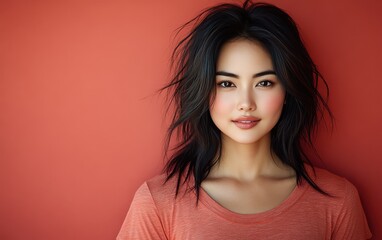 Asian woman smiling and wearing a t-shirt in studio color background