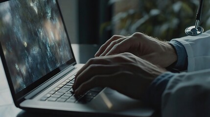 Poster - Male Doctor Typing on Laptop Computer in Professional Setting