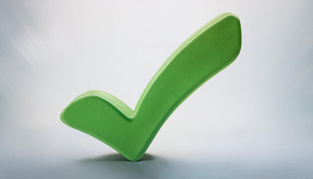 Green check mark icon. Symbol of approval. 3D rendering, modern illustration. Light backdrop.
