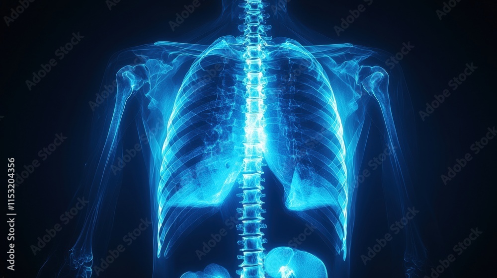 X-ray of a rib cage with visible flail chest fractures post-trauma ...