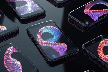 Poster - Modern smartphones displaying colorful 3D graphics on sleek black background
