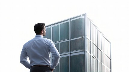 Poster - Engineer Observing Industrial Air Conditioning System Outside Building