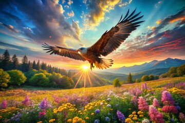 Wall Mural - Majestic Eagle Soaring Above Vibrant Eagle Flower Field - Aerial View Wallpaper