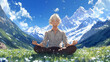 © Anna - A blond anime style guy meditates in the mountains.