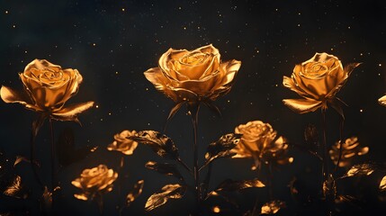 Wall Mural - Golden Roses Illuminated Against Dark Background