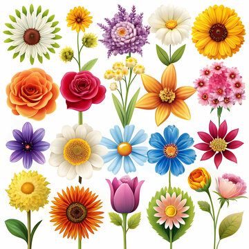 A set of colorful, different types of flowers in a vector style, showcasing a variety of shapes, sizes, and vibrant hues.