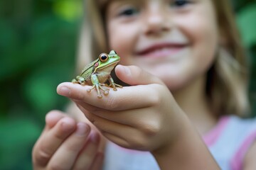 child holds a green frog with joy in a lush outdoor setting near a forest