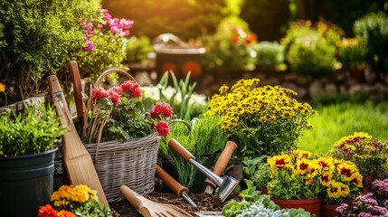 Poster - A serene gardening session in a blooming backyard, Gardening tools and plants arranged for planting, Botanical leisure style