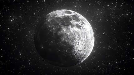 Wall Mural - A grayscale image shows the moon amidst a starry night sky