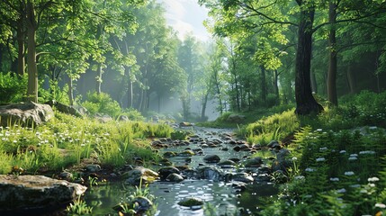 Wall Mural - A lush, green forest with a stream running through it.