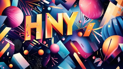 Poster - Vibrant Abstract Composition Featuring HNY Bold Typography with Dynamic Shapes and Colors for Modern Advertising
